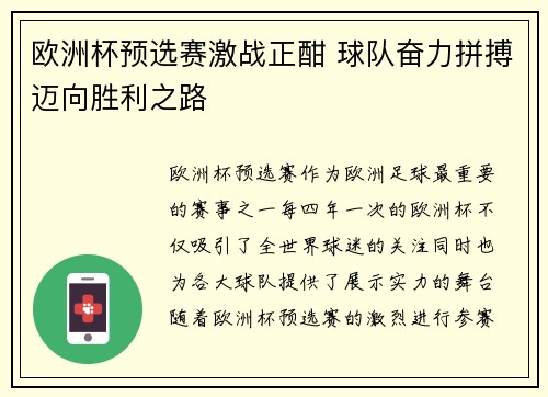 欧洲杯预选赛激战正酣 球队奋力拼搏迈向胜利之路